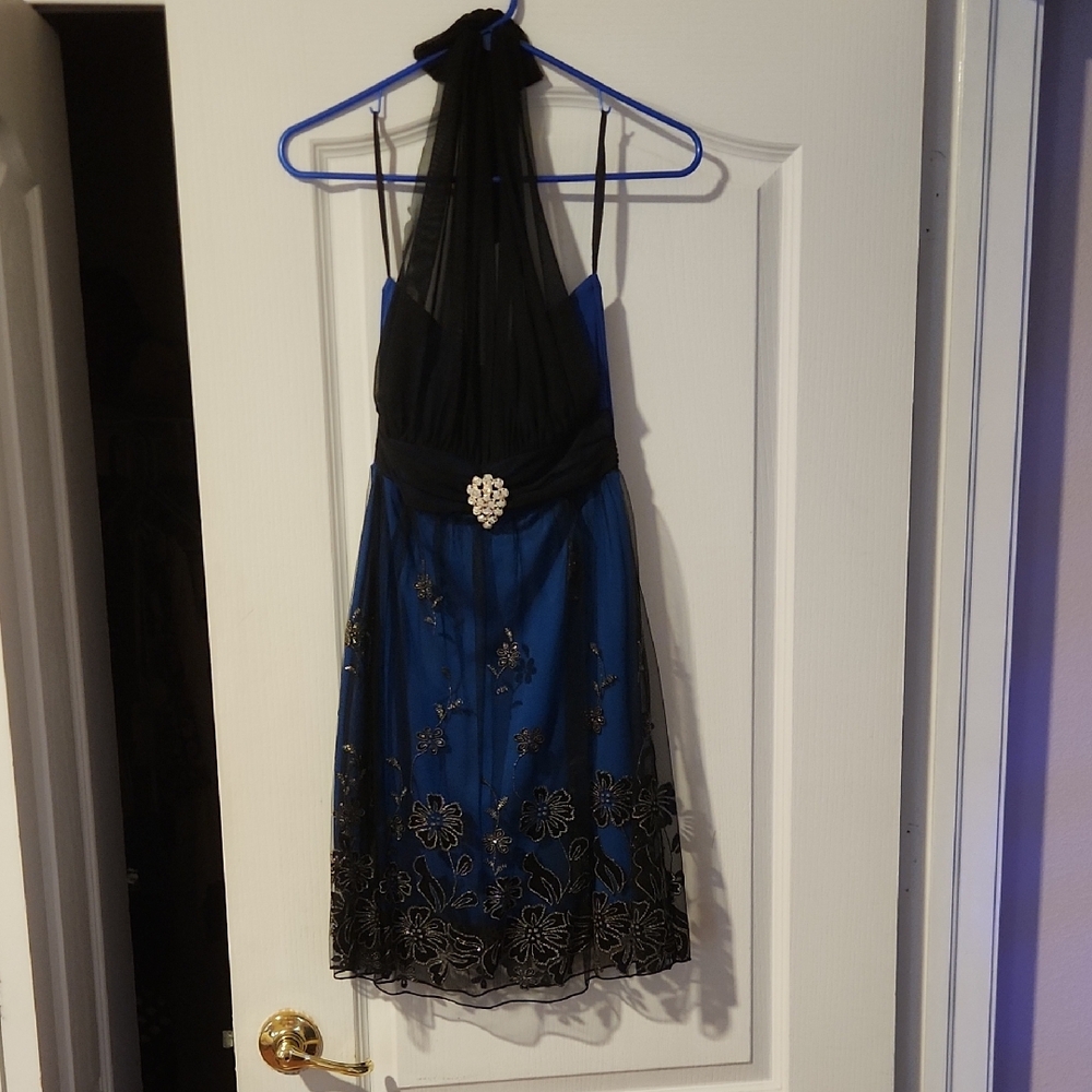 Elegant Black and Blue Halter Dress